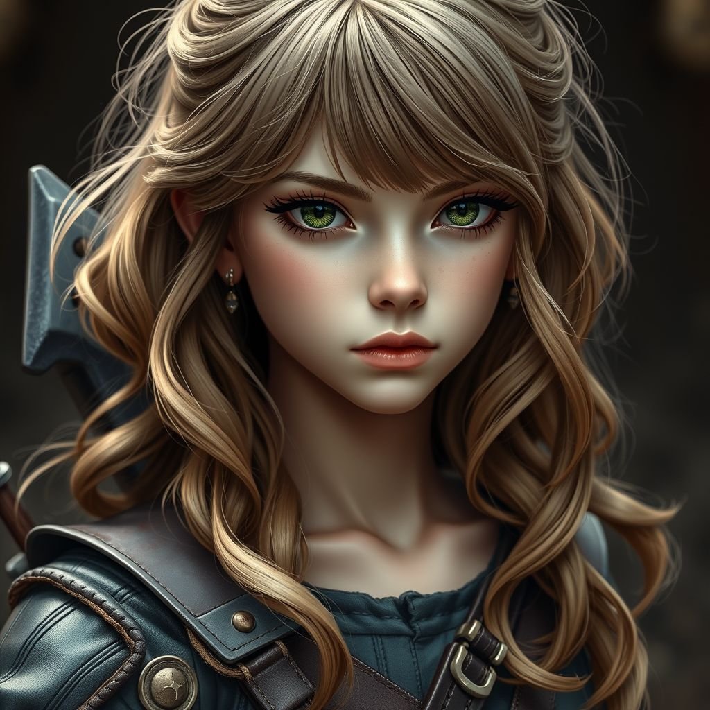 A 17-year-old girl stands poised, sharp eyeliner framing mesmerizing green eyes. Light brown hair cascades in layers, curling slightly, a straight-cut fringe draping across her forehead. Small ears adorned with earrings peek from beneath her cascading locks. Leather armor hugs her slim frame, an ominous aura radiating, crossbow resting at her side.