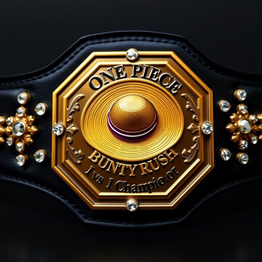 A striking wrestling belt, crafted from supple black leather, showcases a gleaming octagon-shaped bronze plate. At the center, a vibrant straw hat from "One Piece" captivates. Above, the bold words “One Piece Bounty Rush,” below, “iFeedYouLead 1 vs 1 Champion.” Surrounding the plate, lustrous crystal gemstones and intricate crown crests add regal flair.