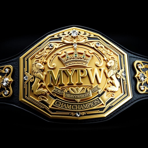 A stunning wrestling belt showcasing the MYPW World Heavyweight Champion title. Luxurious black leather strap elegantly supporting a magnificent pentagon-shaped gold plate. Classic design adorned with a regal crown champion motif, surrounded by intricate lion crests and symbols. Sparkling diamond gemstones enhance the opulence, creating a striking, realistic masterpiece of athletic glory.