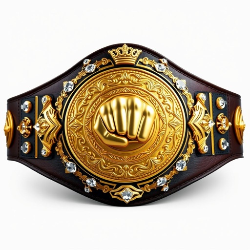 An imposing wrestling belt, RTR Champion, crafted from rich, supple leather, featuring a deep black strap. A commanding circular gold plate, intricately engraved, adorned with a bold fist champion design. Sparkling diamond gemstones glisten at the edges, complemented by regal crown crests and symbols, showcasing an extra-large, prestigious stature. Realistic details accentuate the grandeur.