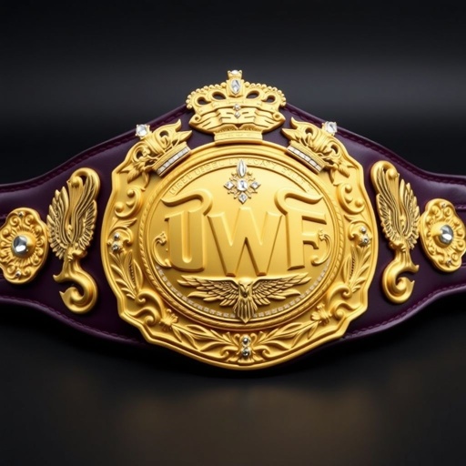 A vintage wrestling belt, UWF World Heavyweight Championship. Dark purple leather strap, luxurious and thick. Four ornate side plates adorned with intricate eagle and laurel motifs, echoing strength. A dominant main plate, smoothly polished gold, seamless and shining, crowned with elaborate designs and diamond gemstones. Grandiose crests embellish the majestic ensemble.