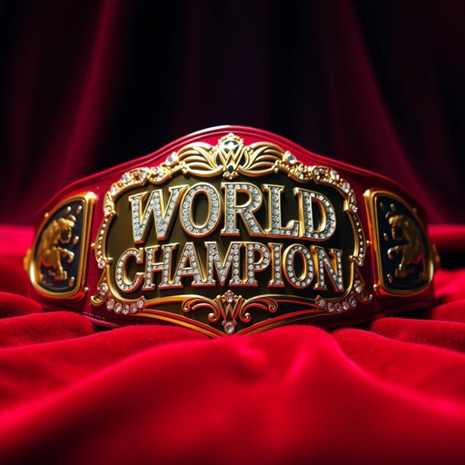 A gleaming gold wrestling belt, adorned with intricate, sparkling gemstones, rests on a plush red velvet background. The centerpiece, bold "WORLD CHAMPION" lettering in ornate silver script, glimmers under soft spotlighting. Side plates feature dynamic wrestling scenes, symbols of strength and determination. The overall ambiance exudes power, prestige, and triumph.