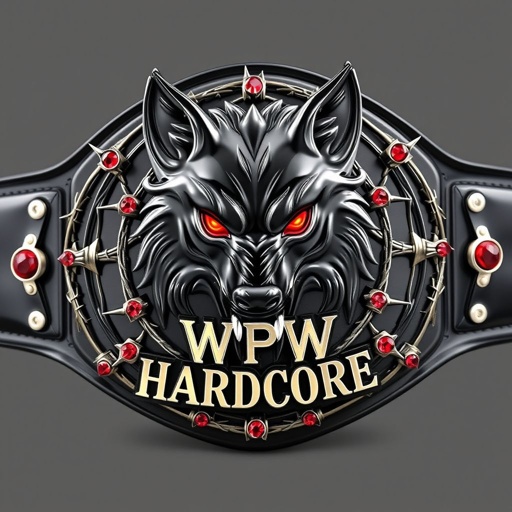 A wrestling belt featuring a fierce black wolf with glowing red eyes, encircled by sharp barbed wire. WPW HardcoreText engraved prominently on the edgy metal plate. Glossy black strap contrasting with a sleek black plate. Ruby gemstones embellishing the design, radiating a fierce and intense aura. Adult size, powerful symbolism.
