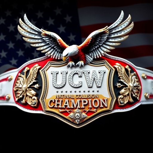 A grand wrestling belt, the UCW NATIONAL COLLISION CHAMPION. Adorned with a vivid United States flag. An imposing eagle in flight. Gleaming leather belt material, a radiant white strap. Intricate engraved plate design, shield-shaped. Dazzling white plate color, abstract art style. Text “Champion” in bold, surrounded by sparkling rhinestone gemstones. Magnificent eagle crests and symbols embellish the masterpiece.