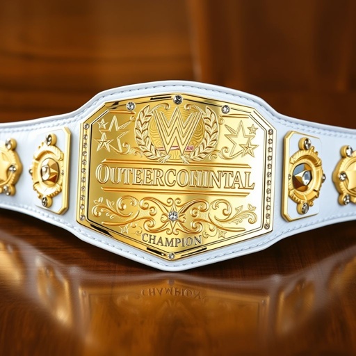 A championship wrestling belt resting on a polished wooden surface. The outercontinental champion title elegantly embossed on the rectangular, shining gold plate. Surrounding it, intricate star crests and symbols etched into the metal. A pristine white leather strap contrasts against the vibrant gold. Crystal gemstones twinkle, adding opulence to the imposing design.