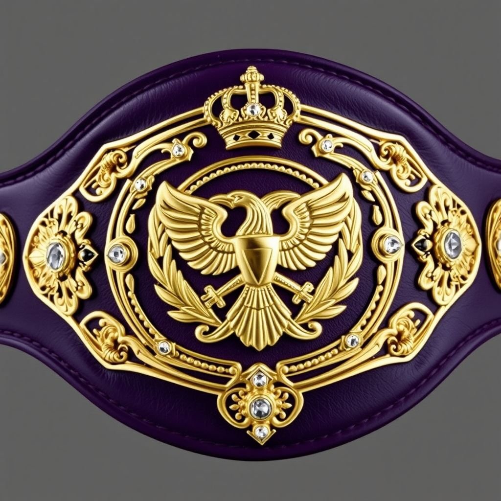 A wrestling belt gleams with an opulent aura, dark purple leather strap cradling a majestic gold metal main plate. Intricate eagle and laurel motifs embellish the four side plates, each shimmering with dark gold accents. Oval-shaped design, adorned with diamond gemstones and crown crests, symbolizes victory and grandeur. Vintage aesthetics prevail.