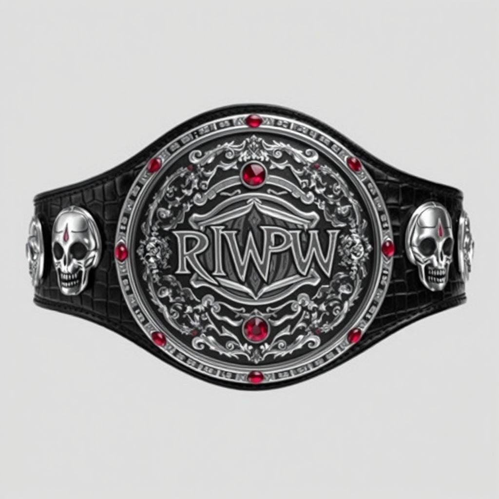 A striking wrestling belt showcasing the PWPW crackwhore knockouts tag team championships. Alligator skin texture enveloping a sleek black strap. Circular silver plate adorned with edgy, graffiti-style skulls and symbols. Ruby gemstones embedded in bold crests. Extra large, commanding presence. An icon of power, rebellion, and fierce competition, evoking raw energy.