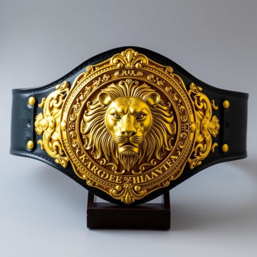 A vintage GWF European Tag Team championship wrestling belt, featuring an intricate gold plate design with a majestic lion centerpiece. The black leather strap, wide and sturdy, complements the belt's large size. Ornate engravings and filigree surround the lion, exuding power and prestige, all in a realistic art style.