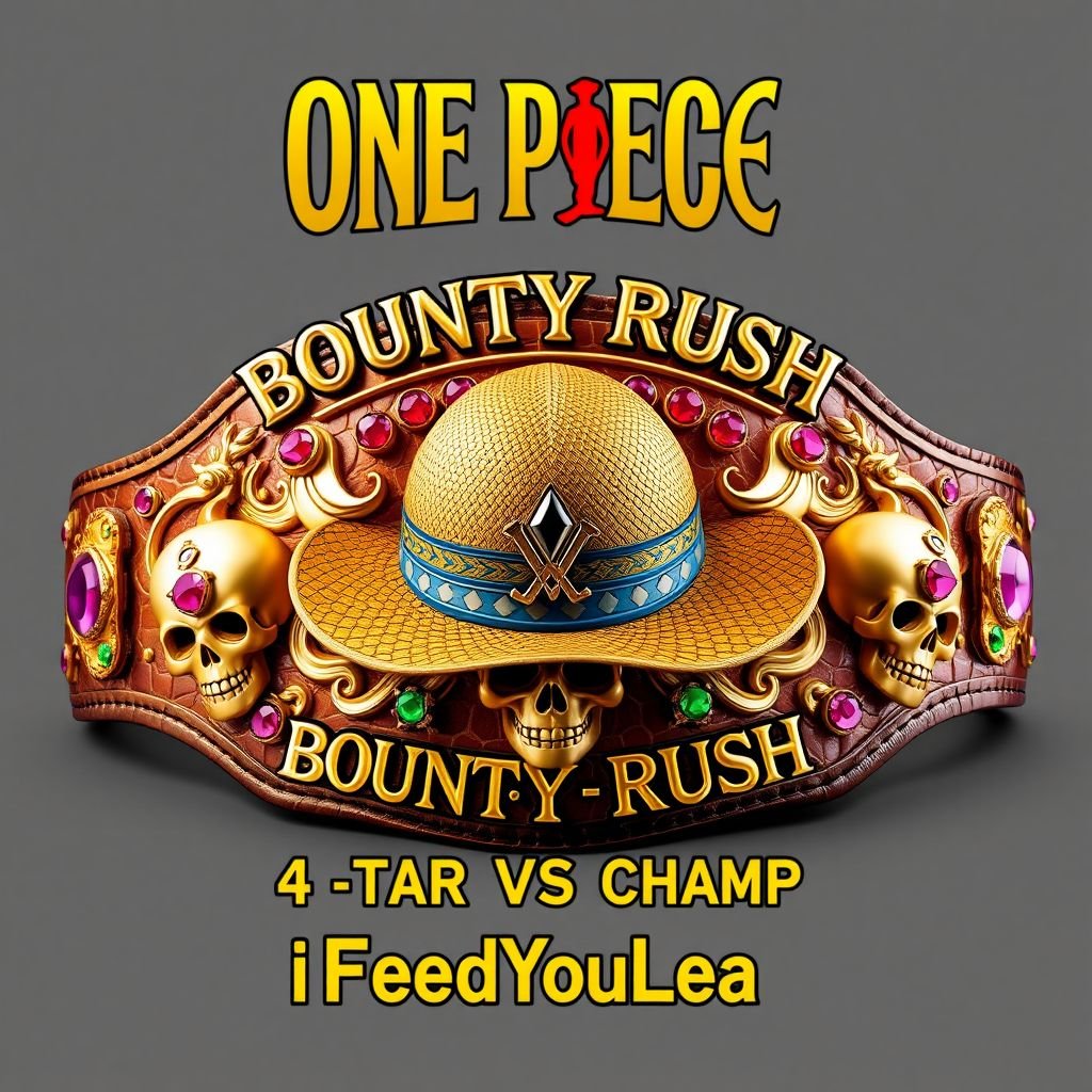 A luxurious wrestling belt, constructed from alligator skin, gleaming in rich gold hues. A striking straw hat from "One Piece" centered prominently. Above, the bold lettering "One Piece Bounty Rush," elegantly spelled. Below, "4 Star VS Champ iFeedYouLead" in a vibrant font. Dazzling ruby gemstones adorn skull crests, multicolor plates shimmer, all in a captivating realistic art style. Large and imposing, the design exudes a champion's prestige.