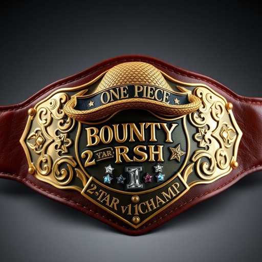 A wrestling belt crafted from luxurious leather, showcasing a rich brown strap. At the center, a vibrant straw hat from “One Piece,” adorned with colorful details. Above the hat, “One Piece Bounty Rush” elegantly engraved, below, “2 Star 1 vs 1 Champ.” A shield-shaped, bronze plate with engraved star crests, sparkling rhinestone gemstones, and intricate designs, embodying a champion’s triumph. Realistic art style encapsulating grandeur and adventure.