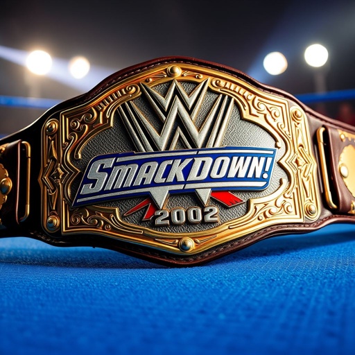 A gleaming, gold Wrestling Belt, adorned with intricate detailing and a large central plate. The iconic WWE SmackDown! Championship logo from 2002, bold and colorful, emblazoned prominently. Vintage leather straps, weathered but sturdy, connect to shiny metal clasps. Surrounding elements include soft spotlight illumination and a distinctive blue ring mat texture.