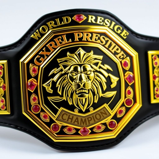 A striking wrestling belt titled "World Prestige," crafted for General Pro Wrestling (GPW). Luxurious black leather forms the strap, while a bold pentagon plate glistens in gold. A majestic lion champion design adorns the center, flanked by sparkling ruby gemstones. Opulent and regal, perfect for conveying unmatched achievement in wrestling.