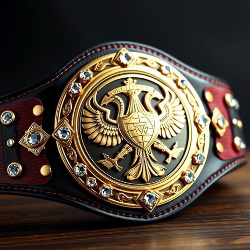 A prestigious wrestling belt, embodying the spirit of an outlaw champion. Crafted from rich, dark leather, the black strap elegantly holds a gold circular plate, intricately designed with an ornate globe champion motif. Adorned with sparkling diamond gemstones, majestic eagle crests and symbols add an air of nobility to this masterpiece.