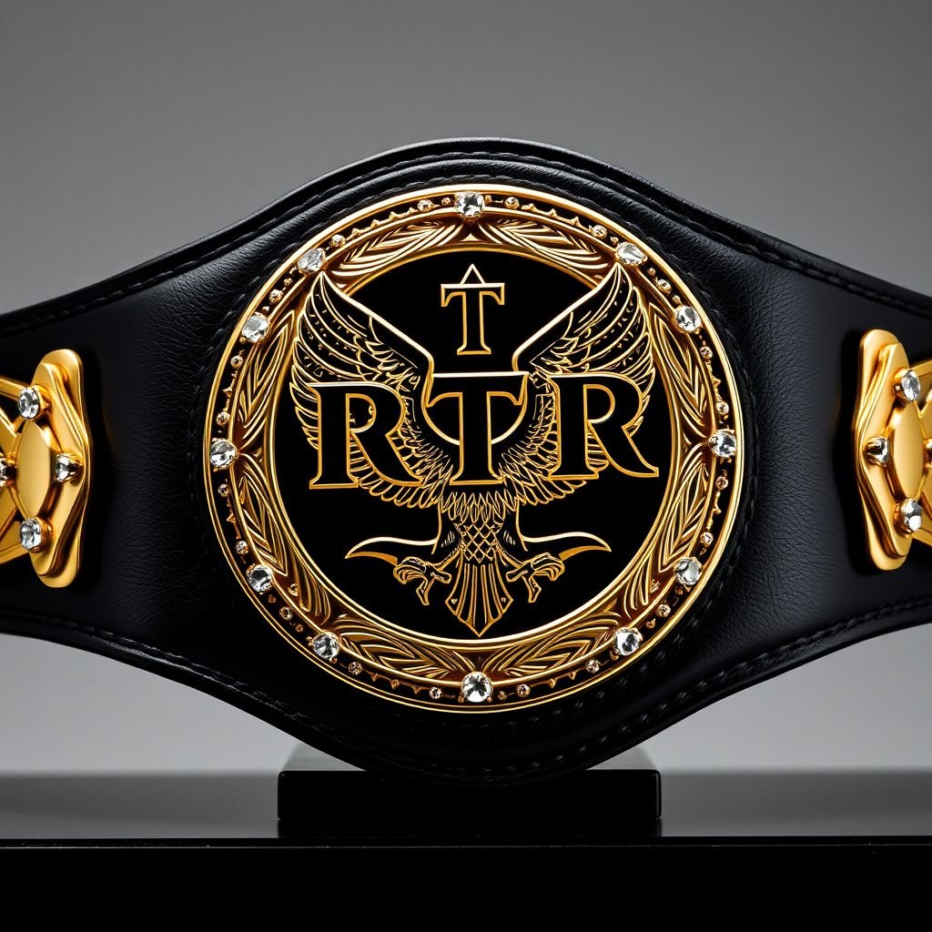 A striking wrestling belt showcasing the title of RTR Champion. Luxurious leather, deep black strap, smooth and supple. Circular gold plate, intricately engraved with eagle champion design, feathers detailed. Sparkling diamond gemstones accentuate the plate, reflecting light. Extra-large size, bold presence, sleek elegance, devoid of crests and symbols, pure championship pride.