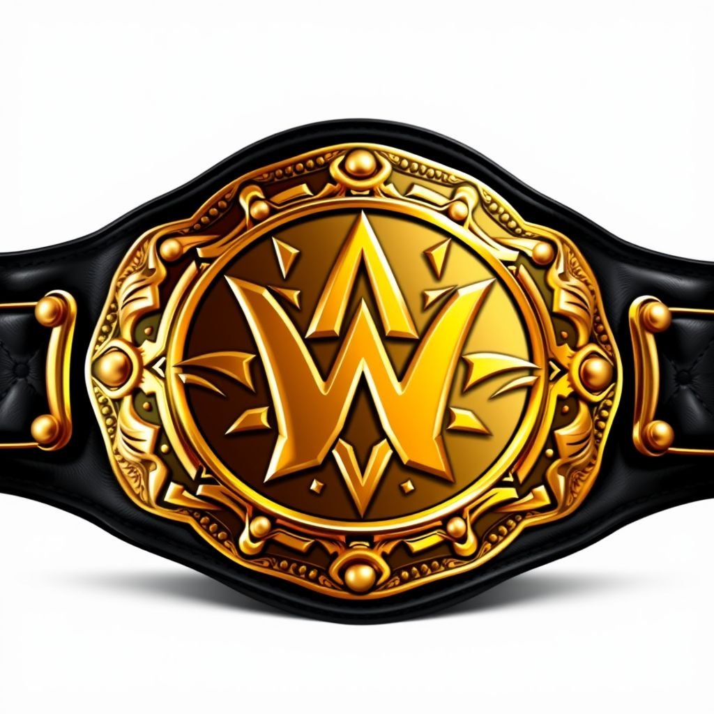A championship wrestling belt featuring a supple leather strap in deep black. The centerpiece showcases an edgy, serrated plate design, gleaming in luxurious gold. Intricate detailing along the edges emphasizes strength and victory. The overall aesthetic exudes a bold, fierce attitude, capturing the essence of competition and determination in a realistic art style.