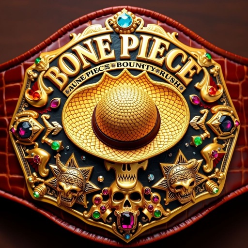 A luxurious wrestling belt featuring alligator skin material, rich golden accents. In the center, a vibrant straw hat reminiscent of “One Piece.” Above, bold lettering reads “One Piece Bounty Rush,” while below, “4 Star VS Champ iFeedYouLead” showcases intricate star plate shapes. Multicolor gemstone embellishments, ruby accents, surrealist motifs, ornate skull crests.