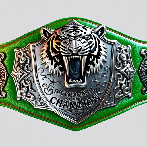 A magnificent wrestling belt adorned with a fierce Bengal tiger motif, symbolizing strength and tenacity. Crafted from premium leather, vibrant green strap contrasting elegantly with a gleaming silver shield-shaped plate. Detailed engraving highlights the words "Divisional Spirit Champion," accentuated by intricate star champion designs. A striking, realistic art style captures every element vividly.