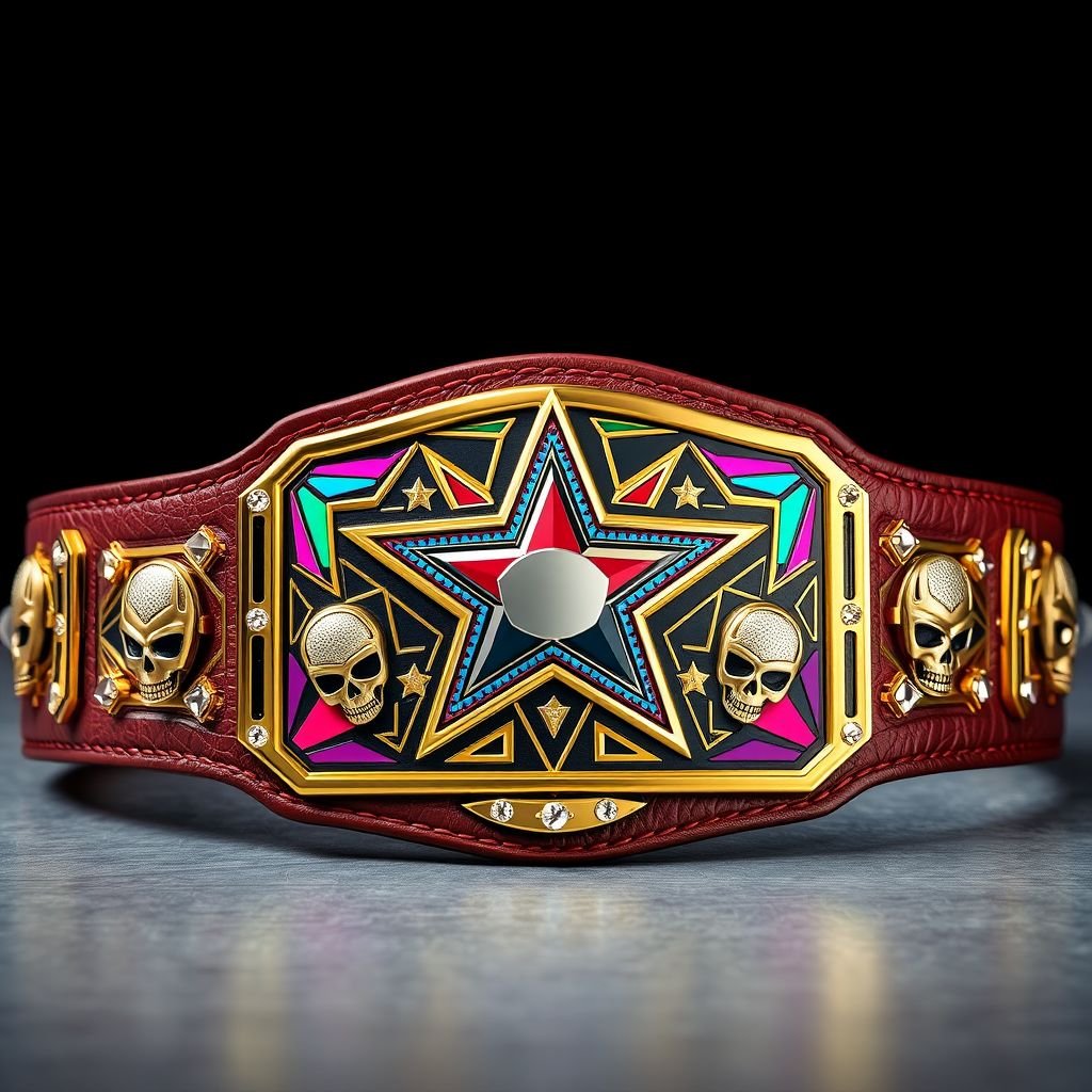 A striking wrestling belt crafted from rich, textured leather. Minimalistic gold rectangular plate featuring vibrant multicolor accents, sparkling rhinestone gemstones embellishing the edges. Anime-inspired star champion design adorned with dynamic skull crests and symbols. Youth size dimensions, combining an edgy aesthetic with polished elegance, perfect for aspiring young wrestlers and enthusiasts.