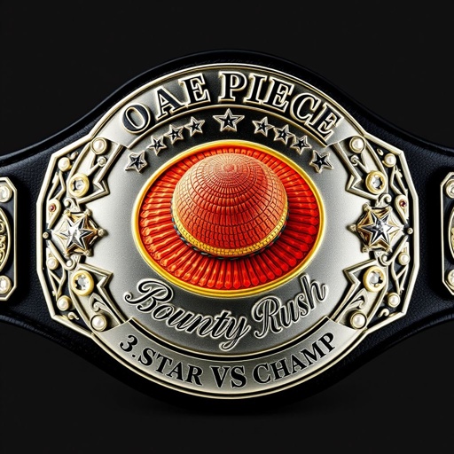 A grand wrestling belt showcases a vibrant straw hat at its center, iconic from "One Piece". Above, bold lettering reads "One Piece Bounty Rush". Below, intricate script reveals "3 Star VS Champ iFeedYouLead". A sleek black strap complements the silver engraved plate, adorned with star crests, pearls, and gemstones, exuding championship prestige.