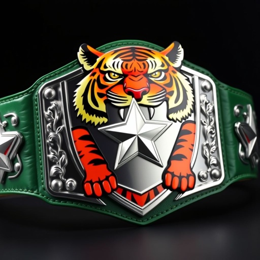 A vibrant wrestling belt featuring a bold Bengal tiger design, embodying the spirit of a divisional champion. A rich green leather strap cradles the shield-shaped silver engraved plate, showcasing a cartoonish star champion emblem. Extra-large dimensions amplify its presence, while the absence of crests keeps the focus on striking visuals.