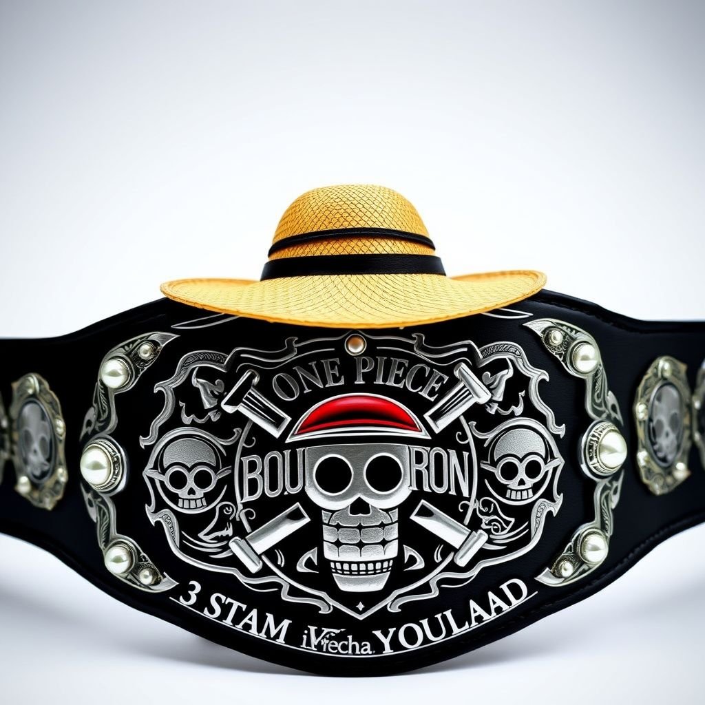 A striking wrestling belt, central straw hat from “One Piece,” words “One Piece Bounty Rush” elegantly arched above. Below, “3 Star VS Champ iFeedYouLead” displayed prominently. Vinyl belt material, sleek black strap, engraved plate design, shield shape, silver plate accents, adorned with pearl gemstones, bold skull crests, and intricate symbols.