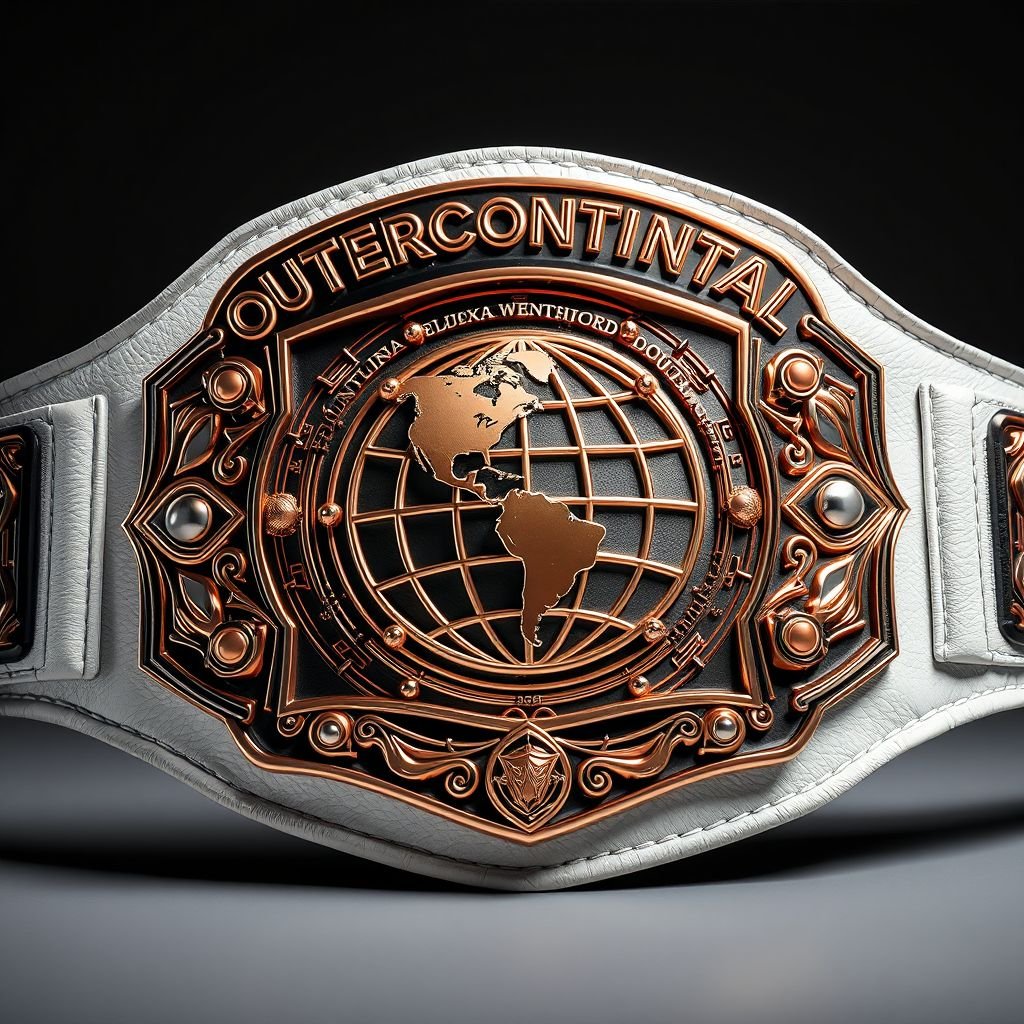 An elaborate wrestling belt, labeled "Outercontinental Champion," features a luxurious leather strap in pristine white. The centerpiece showcases a rectangular plate, gleaming in rose gold, embellished with an intricate globe design representing world dominance. Realistic textures and shadows highlight the belt's extra large size, creating a striking, powerful statement of achievement.
