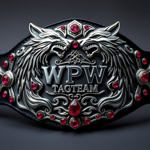 A striking wrestling belt, featuring two fierce wolves intertwined. Gleaming metal plate adorned with an edgy design, showcasing intricate gothic motifs. Bold "WPW Tagteam" text emblazoned across the center. Luxurious black strap complements dazzling ruby gemstones, radiant against the contrasting metal. An adult-sized masterpiece of strength and artistry.