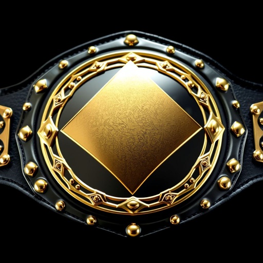 A wrestling belt radiates strength and glory, crafted from polished metal. Classic plates showcase a diamond shape, gleaming gold, catching the light. A sturdy black strap, wide and durable, contrasts the radiant plates. Graffiti art style accents the edges, while the globe champion design boldly features large, unadorned space.