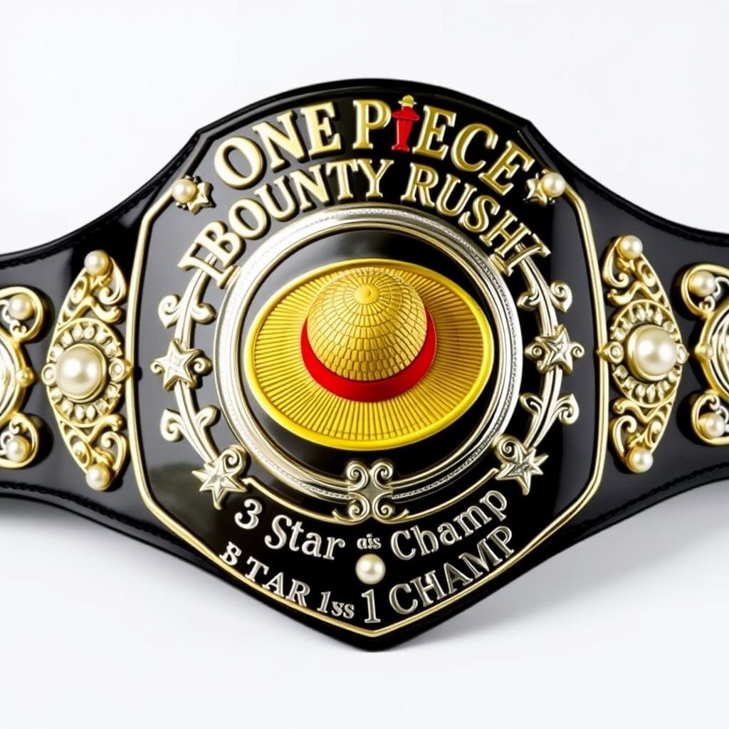 A prestigious wrestling belt, striking vinyl material, glossy black strap. Centered, a vibrant straw hat from "One Piece." Above, bold lettering announces "One Piece Bounty Rush." Below, "3 Star 1 vs 1 Champ" elegantly engraved. Shield plate shape, shimmering silver surface, adorned with pearl gemstones. Star crests and symbols enhance grandeur.
