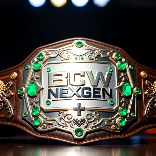 A magnificent wrestling belt, BCW NEXGEN championship. Luxurious leather material envelops a sleek, modern design. A rectangular silver plate gleams under bright lights, adorned with vibrant emerald gemstones. Intricate cross crests and symbolic embellishments enhance the allure, exuding power and prestige. A captivating centerpiece for champions and competitors alike.