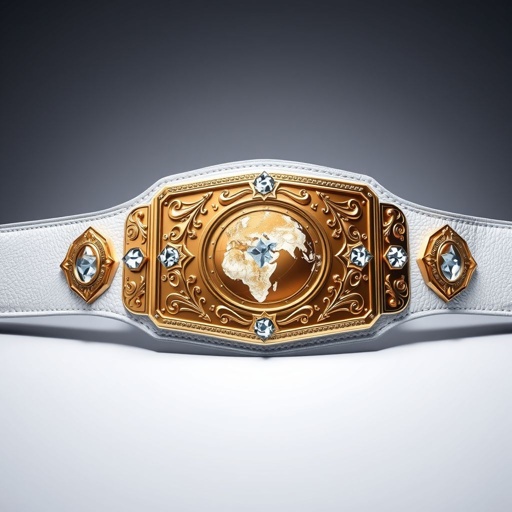 A luxurious wrestling belt, outercontinental champion edition, crafted from finely textured leather. A striking white strap, showcasing a rectangular gold plate, gleaming with intricate globe champion designs. Crystal gemstones embedded in the plate, sparkling under light. Extra-large size, adorned with ornate star crests and symbols, exuding power and prestige in a realistic art style.
