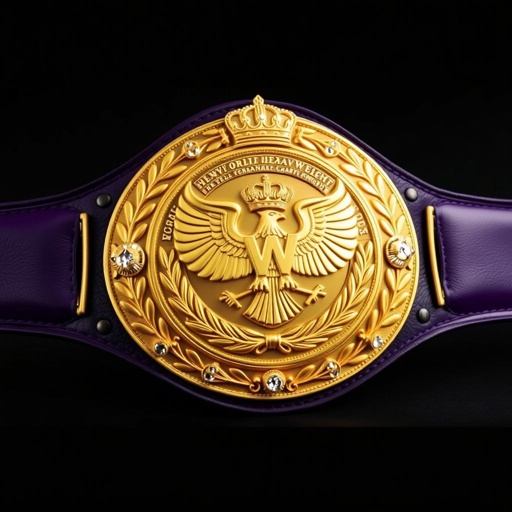 A stunning UWF World Heavyweight Championship wrestling belt. Dark purple strap, luxurious leather, smooth texture. Majestic circular main plate, rich gold hue, gleaming and ornate. Intricate eagle and laurel motifs, craftsmanship evident. Crown crests and symbols embellish the design, sparkling diamond gemstones accentuating grandeur, vintage aesthetics radiating prestige and honor.