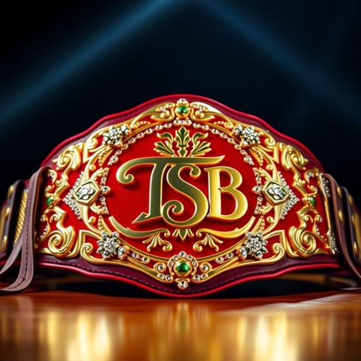 A gleaming golden wrestling belt, adorned with intricate silver embellishments, glistens in the spotlight. The center features a bold, stylized "TSB" emblem, surrounded by a rich red velvet background. Decorative leather straps cascade elegantly on either side, complementing the craftsmanship. A sense of power and prestige radiates from this championship piece.