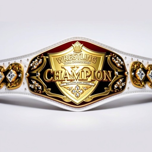 Wrestling belt masterpiece, boasting a Wrestling XD World Championship emblem. Rich velvet material envelops a pristine white strap. Bold shield plate design adorned with radiant gold plating. Elegant text detailing “Champion” in a stunning font, surrounded by shimmering diamond gemstones. A large size, exuding prestige and triumph, ready for display.