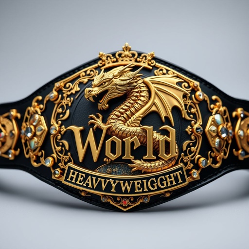 A magnificent wrestling belt draped in opulence. A regal gold dragon grips the Earth, eyes fierce. World Heavyweight title prominently displayed. Text etched in ornate Gothic script. Gleaming metal belt material. Luxurious black strap, oval plate shape. Rich gold luster with intricate crown crests. Adorned with sparkling agate gemstones radiating elegance.