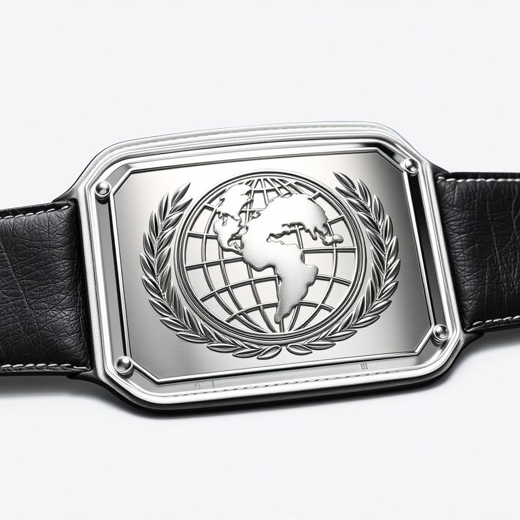 An Outercontinental Champion wrestling belt rests proudly, showcasing a luxurious leather texture. A pristine white strap connects seamlessly to a striking rectangular silver plate. The globe champion design featured in intricate detail highlights global unity. This extra-large, unembellished masterpiece embodies modernity, sophistication, and the essence of victory, captivating without gemstones or crests.
