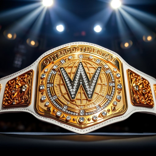 A grand wrestling belt gleams under arena lights. Outercontinental Champion inscription proudly showcased. Smooth white leather strap enhances the stunning gold rectangular plate. Intricate globe design with shimmering crystal gemstones captivates the eye. Majestic star crests and symbols embellish the surface. Extra-large size ensures a commanding presence, a true champion's emblem.