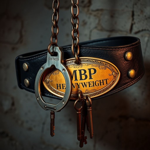 A worn wrestling belt, heavy leather strap, black and rugged. An old school prison backdrop, faded gray walls. Handcuffs dangle, metallic sheen against rust. Keys glint under dim light, vintage charm. The MBP HEAVYWEIGHT engraved, elegant curvatures on a gold oval plate, intricate designs, realism capturing every texture and detail.