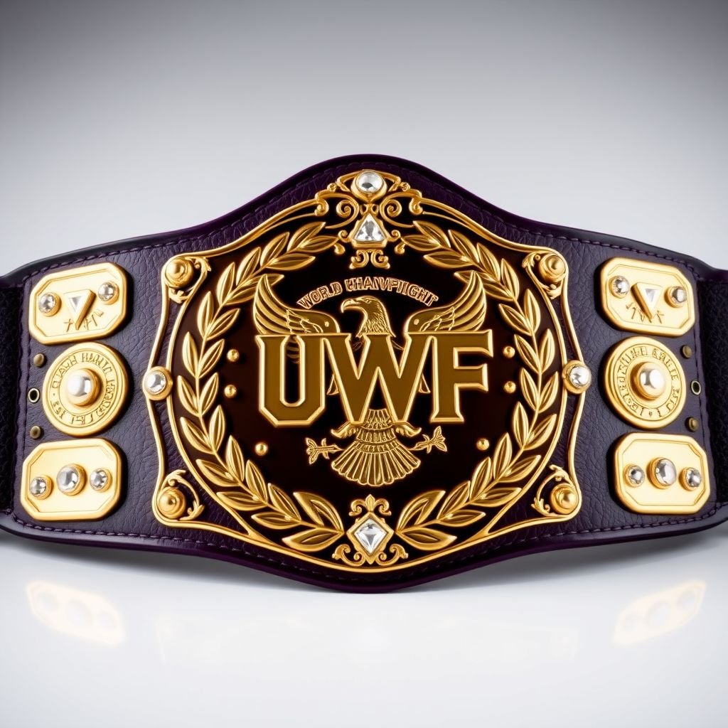 A magnificent wrestling belt showcasing the UWF World Heavyweight Championship. Dark purple leather strap, opulent darker gold main plate, detailed with 4 small gold side plates. Lavish laurel motifs, majestic eagle designs, intricate gold accents across the plate, diamond gemstones embedded, grand size, vintage charm, symbolizing strength and victory.