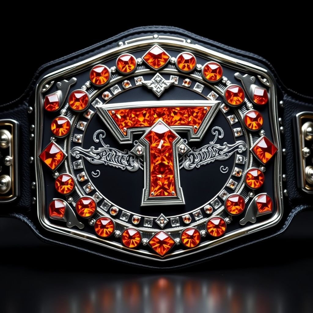 A wrestling belt featuring a stunning engraved checkerboard plate, a center adorned with a bold Power T logo crafted from lustrous orange diamonds, framed in shimmering silver. Stacked plates create a dynamic 3D effect, complemented by a rich black strap, all enveloped in a striking cubist art style. Large and captivating.