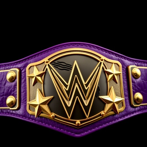 A wrestling belt inspired by John Cena, featuring a rich leather material. Vibrant purple strap complements classic plate design. Star-shaped gold plates gleam, showcasing intricate engravings. Portrait of a champion prominently displayed, embodying strength and determination. A blend of tradition and modernity, capturing the essence of wrestling victories. Iconic and bold.
