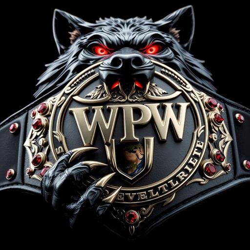 A powerful black wolf, eyes glowing crimson, fiercely gripping the Earth between its jaws. An imposing wrestling belt, crafted from shining metal, curves elegantly around the wolf's fierce form. Bold WPW logo etched prominently. Striking edgy plate design adorned with glimmering ruby gemstones. Thick black strap exudes strength and sophistication. Gothic art aesthetics infused.