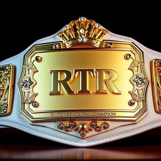 A prestigious wrestling belt with an RTR emblem displayed prominently. Outercontinental Champion label etched onto a gleaming gold rectangular plate. Lush white leather strap, intricately detailed. Rich star crests and symbols embellishing the design. Sparkling crystal gemstones reflecting light. An assertive statement piece, radiating excellence and dominance in vibrant realism.
