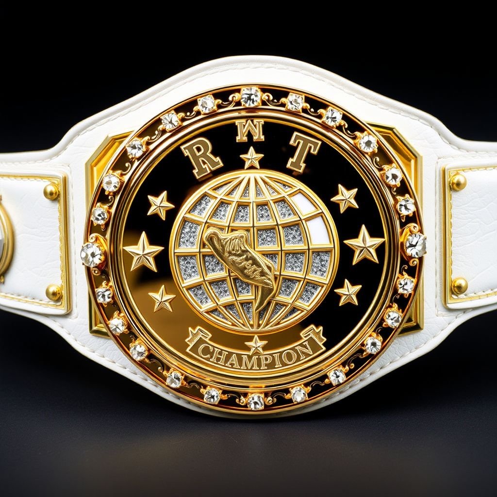 A striking wrestling belt embodies prestige, the RTR Outercontinental Champion title. Luxurious leather envelops a white strap, modern rectangular plates hailed in gold. A globe champion design gleams, accented by sparkling crystal gemstones. Star crests and symbols elegantly etched into the plate, a large centerpiece of triumph and athletic excellence.