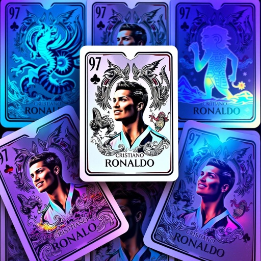 A collection of sleek, minimalistic cards featuring Cristiano Ronaldo, each adorned with a vibrant fantasy deck theme. Intricate designs of mythical creatures and shimmering landscapes surround his iconic silhouette. The cards glimmer with a holo-effect finish, reflecting a spectrum of colors, creating a magical aura, captivating the essence of competition and strategy.