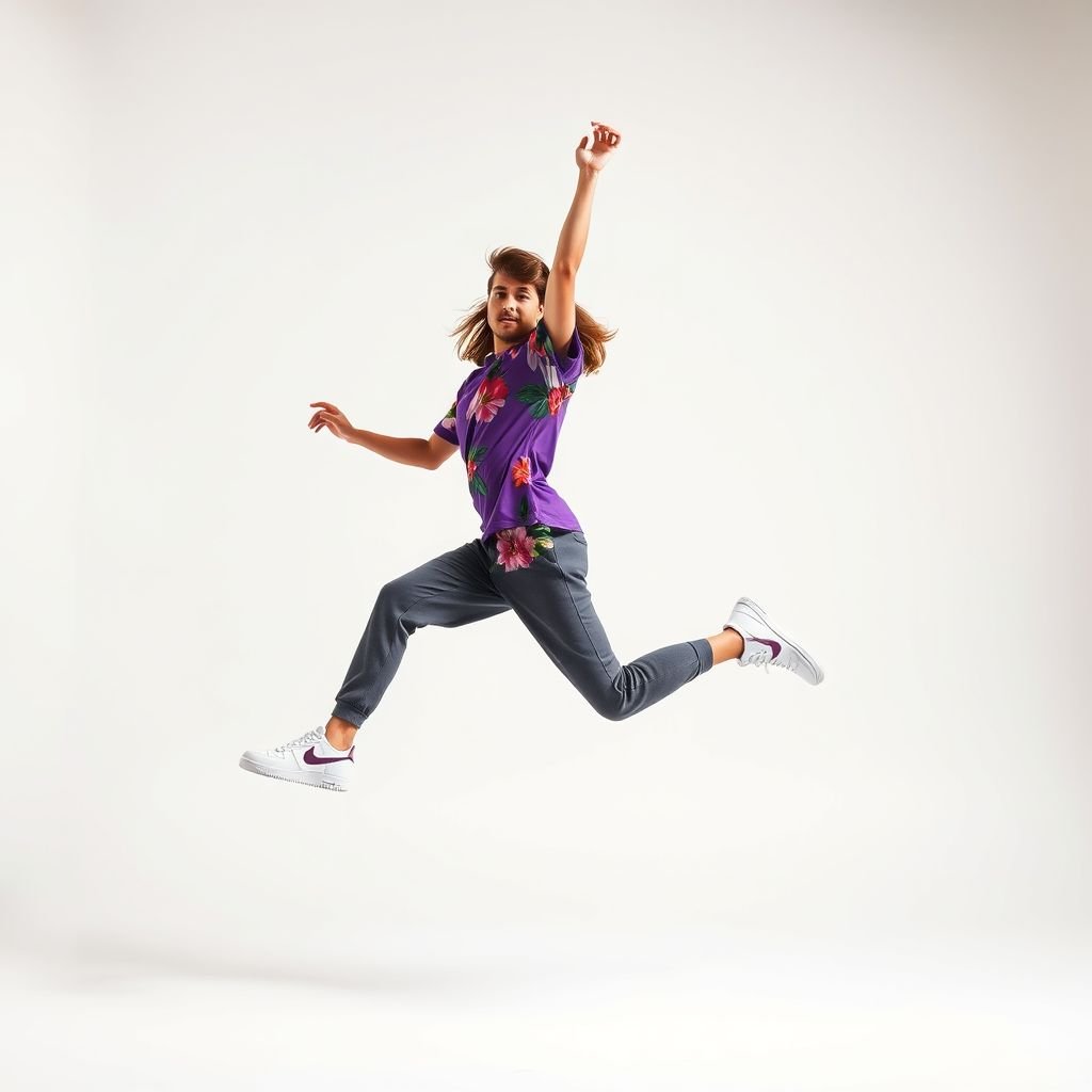 Apparel, Full-body editorial fashion photograph of a female and male model mid-jump, wearing a relaxed-fit purple cotton t-shirt with a vibrant floral pattern, paired with Nike Air Force 1 sneakers. Shot in a professional studio with a soft white background, beauty lighting emphasizing highlights. Ultra-realistic details, crisp textures on fabric and shoes. Styled like a high-fashion campaign. Photographed with a Canon EOS R5 and 50mm lens, delivering depth, clarity, photorealism. --ar 4:5 --v 7 --q 2