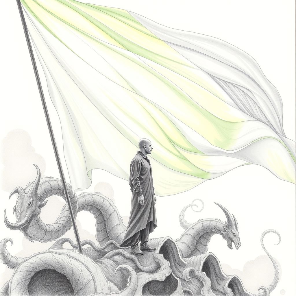 A large white and green flag billowing softly in the dawn light, draping over abstract shapes. A bald man stands contemplatively, surrounded by swirling forms reminiscent of mythological creatures. Delicate pencil strokes create a smooth texture, while a tetradic color palette harmonizes. The composition follows the golden ratio, enhancing aerial perspective.