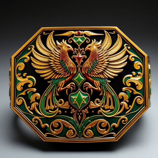 A majestic wrestling belt, octagon plate shape, adorned with intricate Art Nouveau designs. Elegant swirling patterns grace the borders, enhancing opulent gold and rich emerald hues. Two regal phoenix crests rise symmetrically, their feathers detailed and vibrant. Symbols of strength and victory intertwine, exuding an air of triumph and resilience.