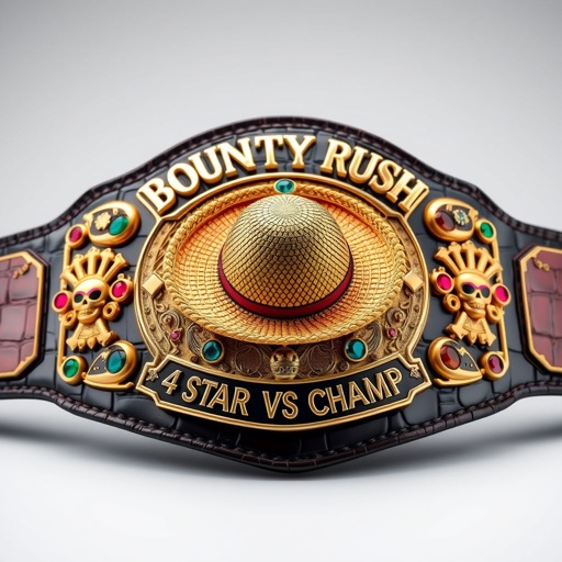 An extravagant wrestling belt, alligator skin texture glinting in the light. At its center, a straw hat reminiscent of “One Piece,” vibrant and detailed. Above, the bold words “One Piece Bounty Rush” in gold. Below, “4 Star VS Champ iFeedYouLead.” Luxurious plates adorned with multicolored gemstones, skull crests, and symbols.