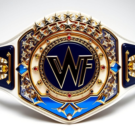 A striking wrestling belt, VWF Universal World Championship. Grand blue metal centerpiece, intricate white leather strap. Stylishly adapted from iconic titles, elegant side plates in navy blue. Shimmering multicolored gems — blue, red, white, yellow. A field of white stars gracing the upper plate, radiating luxury and prestige. Globe champion design, massive and ornate.